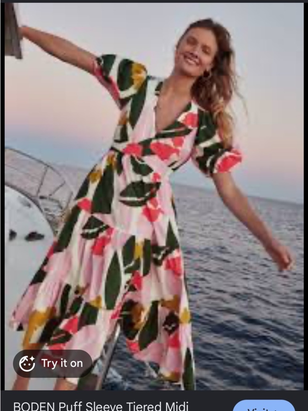 Boden Puff Sleeve Tiered Midi Dress Size 10 Pink Floral Cotton V Neck